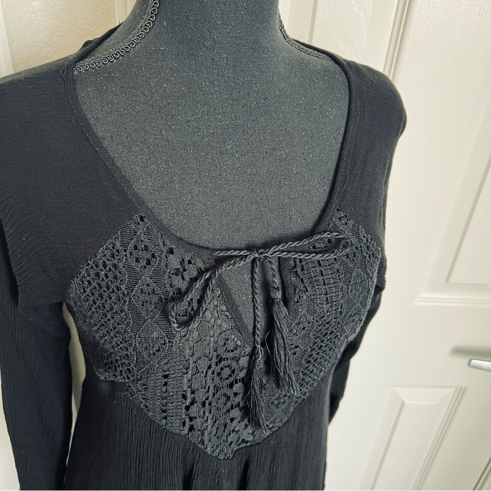 🖤 Long Black Purple Snow Crepe Lined Long Sleeved Blouse Size XL